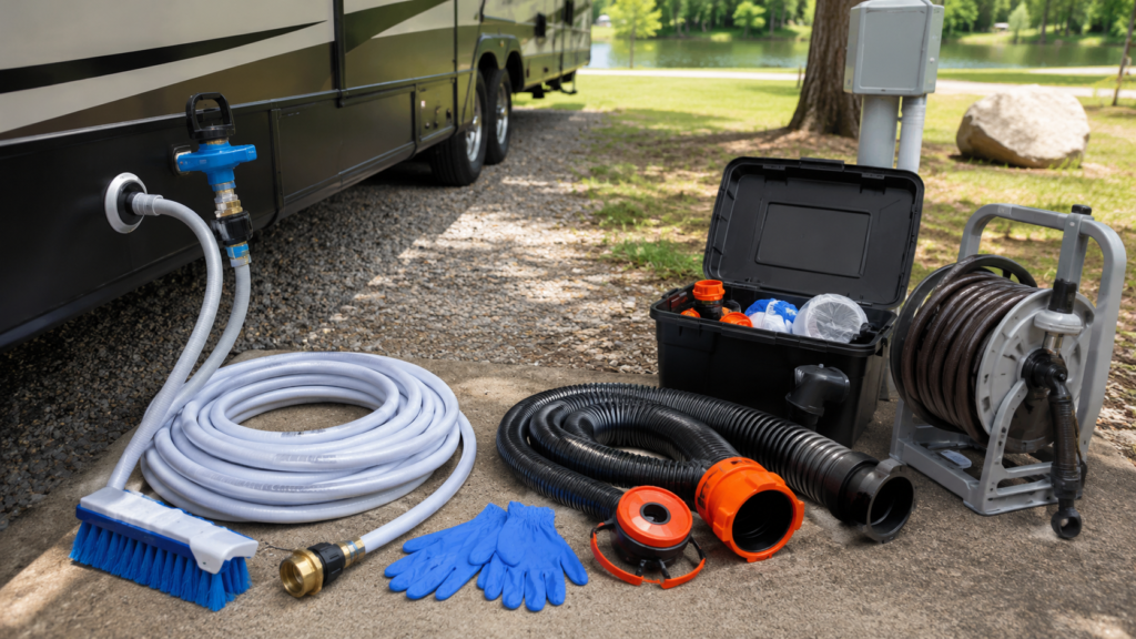Organized RV water and sewer gear at a campground hookup, including a drinking-water-safe hose, pressure regulator, sewer hose kit, disposable gloves, and a separate rinse hose