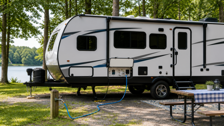 Travel trailer at a campground with a visible utility connection area and freshwater hose setup.