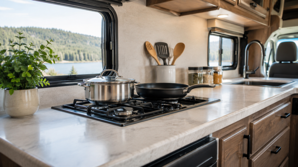 Simple RV kitchen counter with a pot, pan, utensils, and small containers arranged neatly in a clean travel trailer