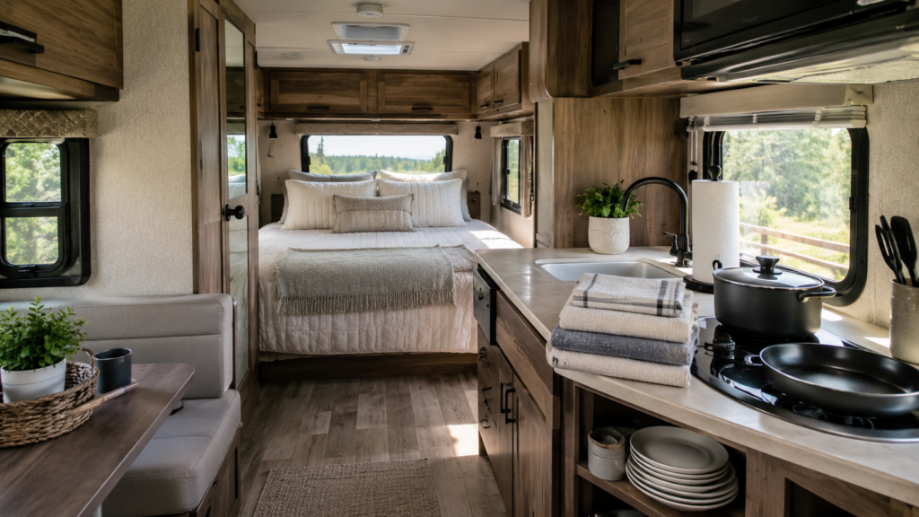 Inside of a small RV prepared for a first camping trip with neatly made bedding, simple cookware, stacked plates, towels, paper towels, and an organized kitchen area