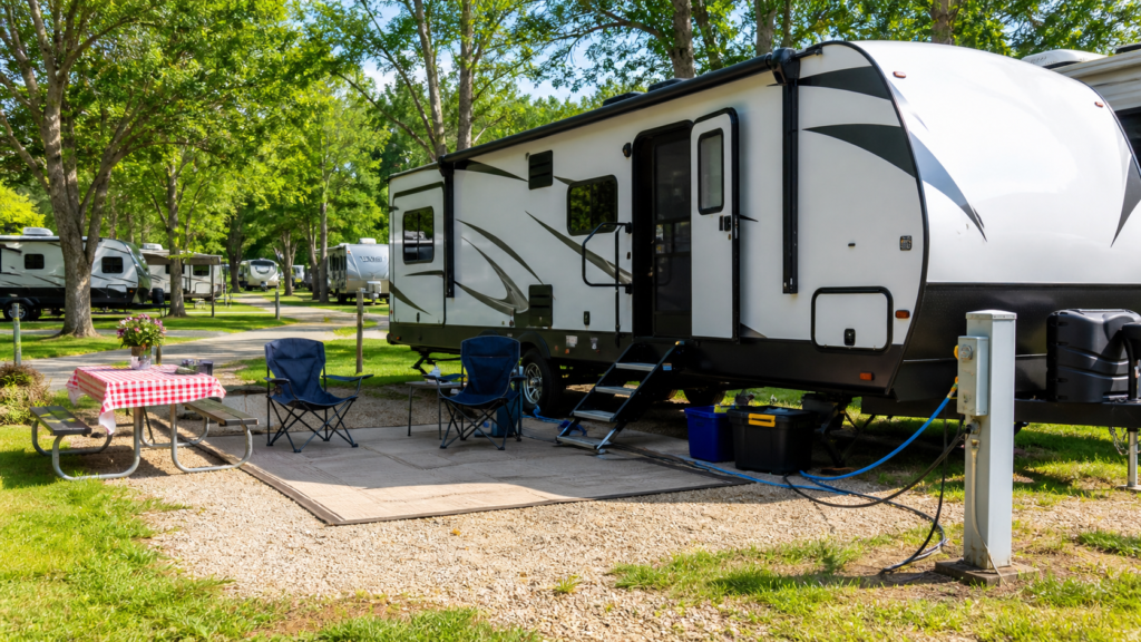 Tidy beginner-friendly RV campsite with proper spacing, organized outdoor gear, clear walkways, and safely placed hookups at a calm campground