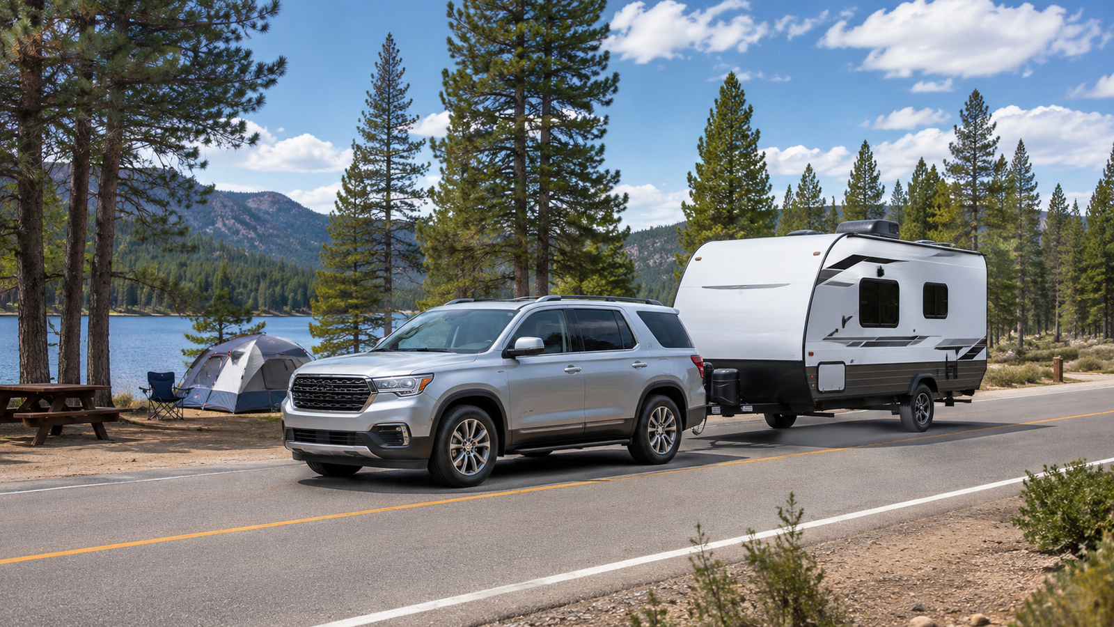 Midsize tow vehicle safely towing a travel trailer on a calm road near a campground