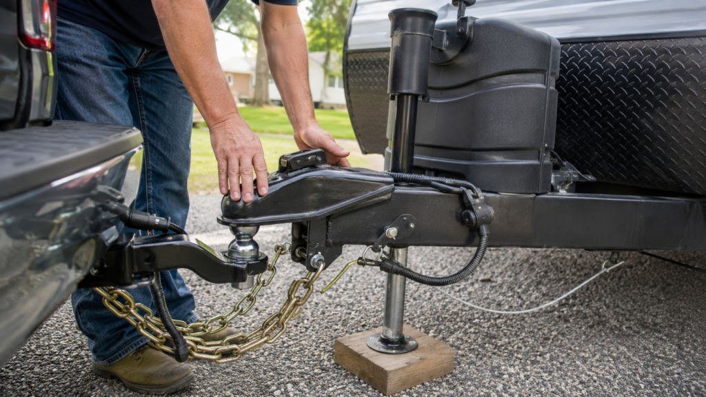 Travel trailer hitch connection being checked before departure with coupler, safety chains, breakaway cable, and electrical plug visible