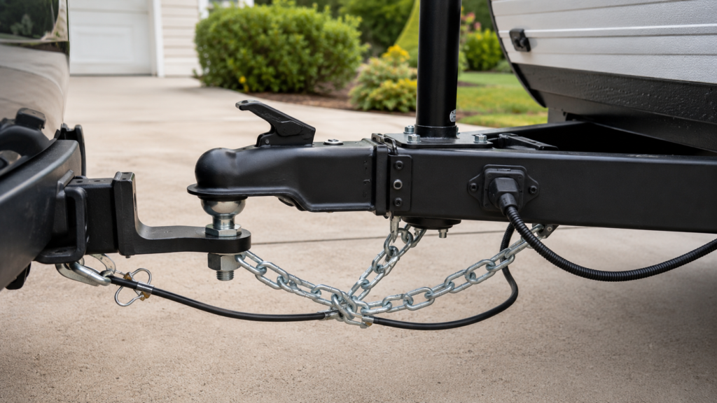 Close-up of a travel trailer coupler on a hitch ball with crossed safety chains, breakaway cable, and wiring connector