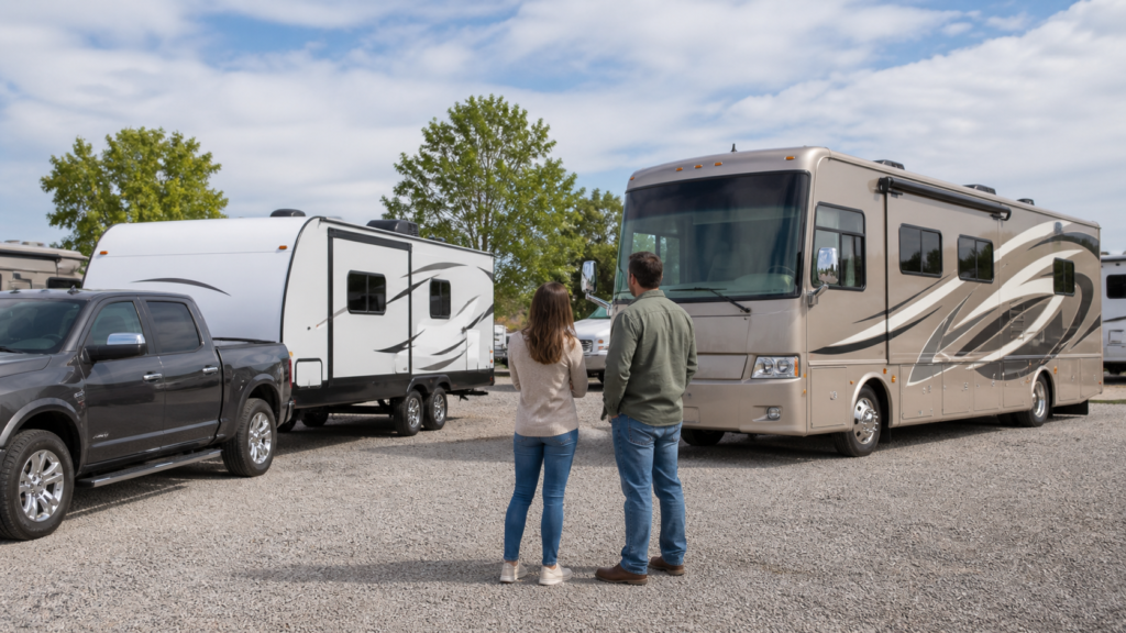 Beginner RV shoppers comparing a travel trailer with a tow vehicle and a motorhome side by side in an RV lot