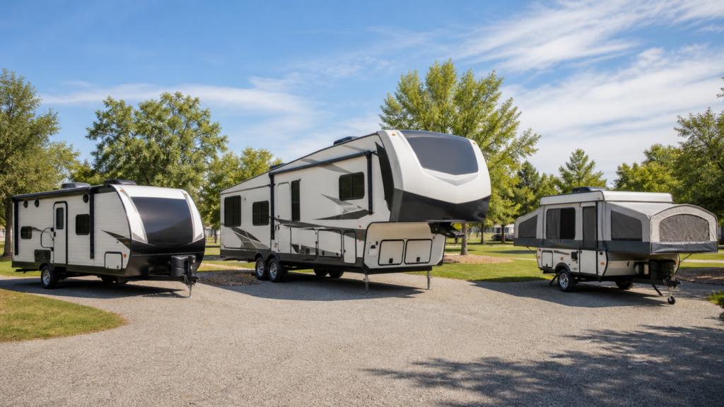 Small travel trailer, fifth wheel, and pop-up camper shown side by side in a clean outdoor RV setting