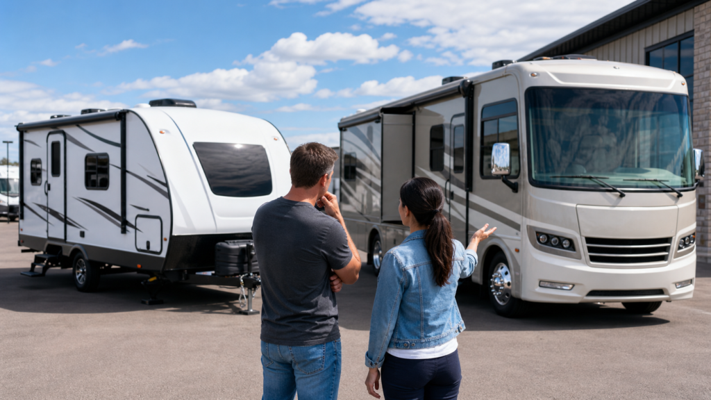 Beginner RV shoppers comparing a travel trailer and a motorhome side by side at an RV dealership