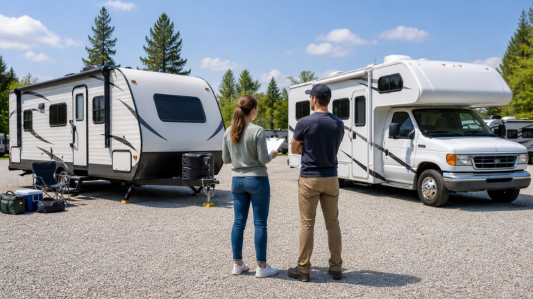 Beginner RV shoppers comparing a travel trailer and a compact motorhome side by side in a bright RV lot