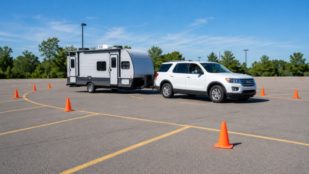 Tow vehicle and travel trailer practicing slow wide turns around orange cones in an empty parking lot