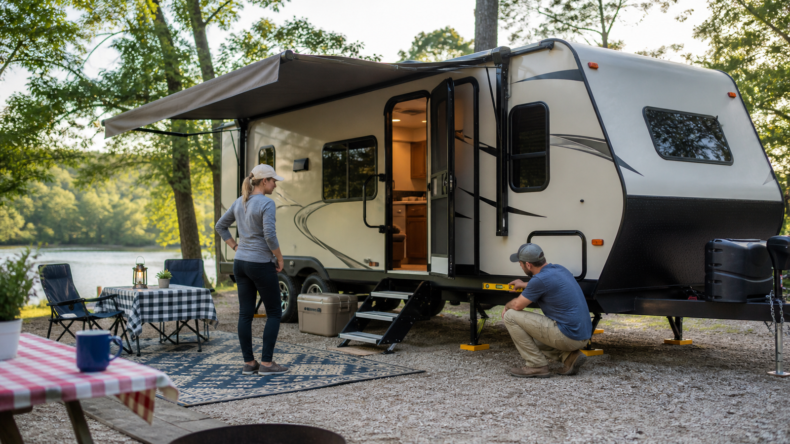 Beginner RV campers checking whether a travel trailer is level at a campsite