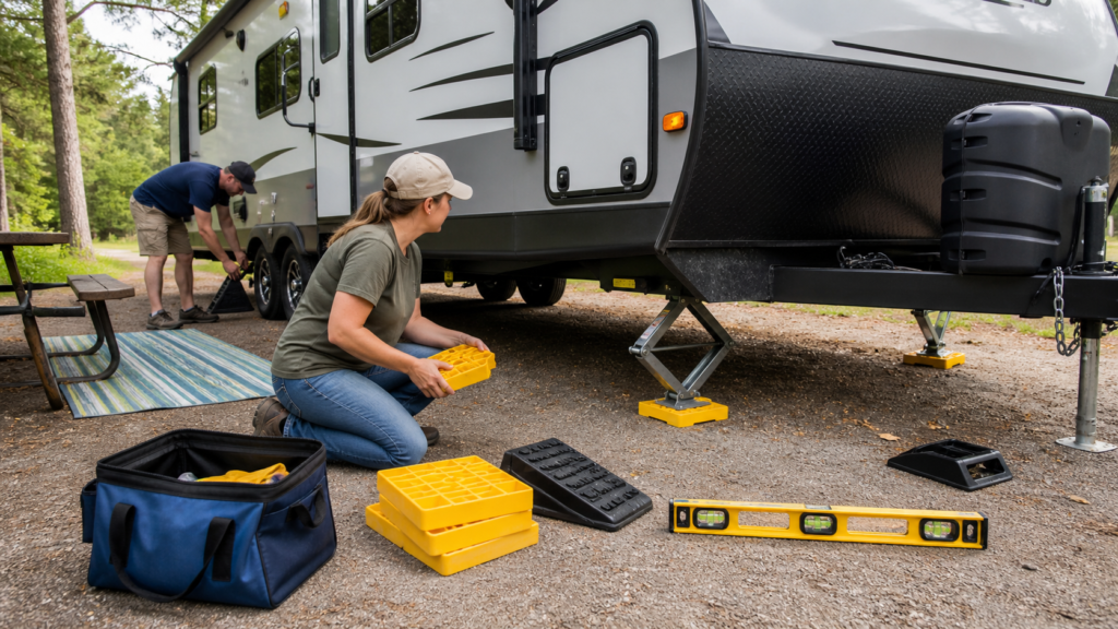 Essential RV leveling tools beside a travel trailer at a campsite including a bubble level, leveling blocks, wheel chocks, and stabilizer jacks