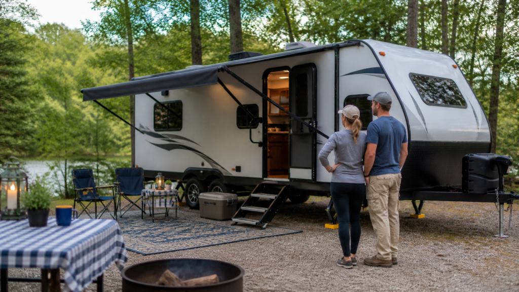 Beginner RV campers standing beside a level travel trailer at a tidy campsite after finishing setup